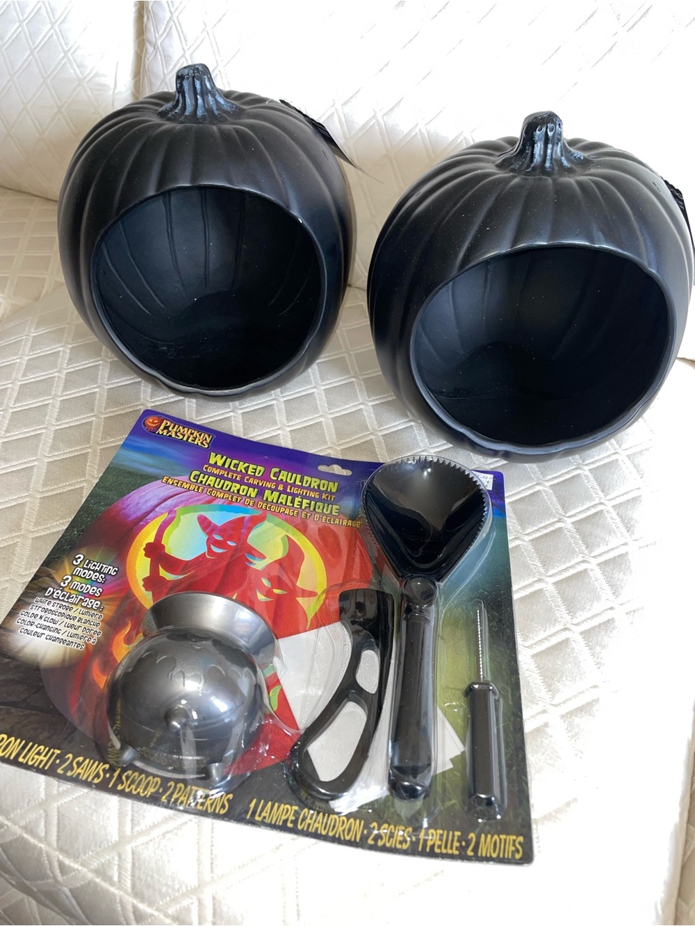 2 Black Diorama Halloween 9" Pumpkin PLUS Carving Kit Cauldron Light ALL NWT